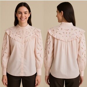 H&M Light Pink Blouse with Eyelet Sleeves Ruffle Shirt Long Sleeve Size Small